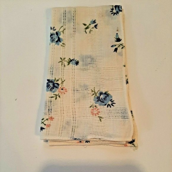 10.5" Square Vintage Hankie Handkerchief Blue Floral Dainty Open Weave - Picture 9 of 10